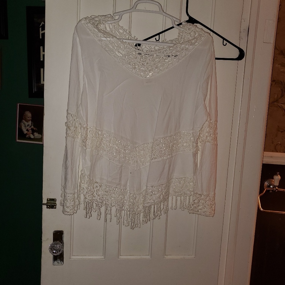 White shirt Jean's grey shirt black ruffle pants